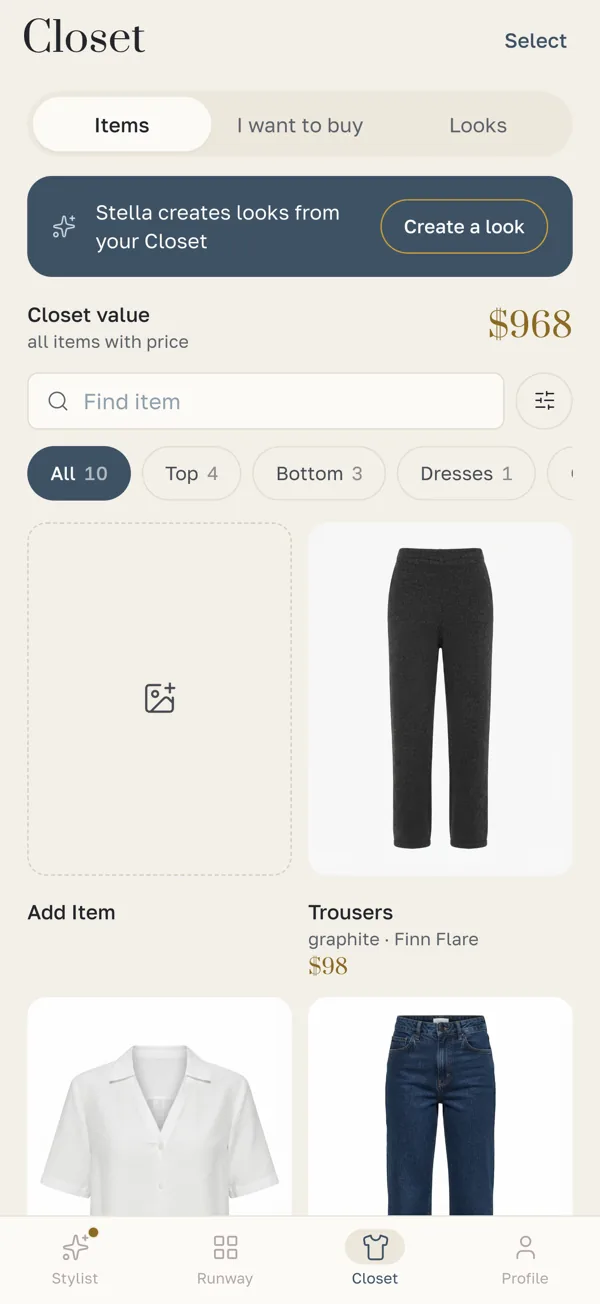 The closet screen: the user’s own items photographed on white, with prices and the closet value